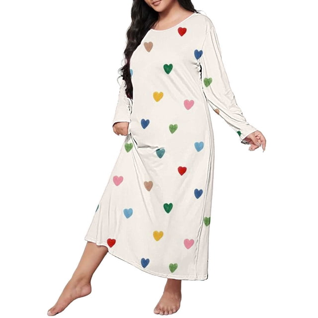 WZXFASHION Robe de Nuit Décontractée Grande Taille pour Femmes, Imprimé Cœur, Manches Longues, Col Rond, Extensible Moyen, Ample, Beige TTG