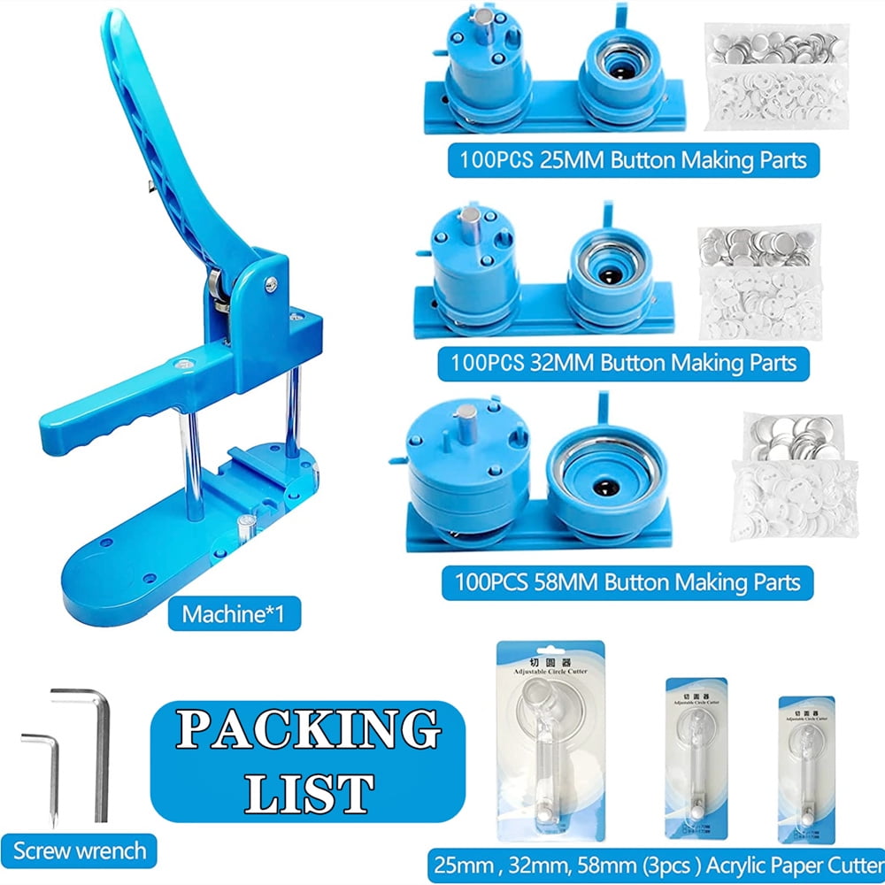 25+32+58MM Blue Badge Button Maker Machine, DIY Pin Badge Press Making Machine With 300Pcs Button Parts+3 S+3 Circle Cutter