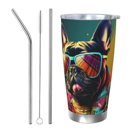 

Uemuo Retro Bulldog Sunglasses Print Travel Coffee Mug 20oz Double-walled Car Cup Stainless Steel Insulated Tumbler Leak-proof Travel Cup Reusable Straw Car Cup-Straw Three-piece Set