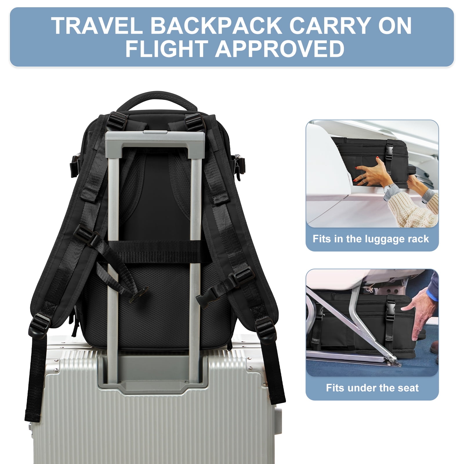 Travel Backpack Simple Durable Carry On Backpack with Shoe Compartment, Personal Item Travel Bag Flight Approved, Water Resistant Laptop Backpack for Women Men Weekender Business, Black