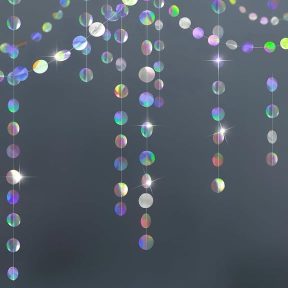 Iridescent Circle Garland Hanging Streamers - Holographic Disco Party Decor for Bachelorette, Euphoria Theme, Birthday, Graduation & New Year Backdrop