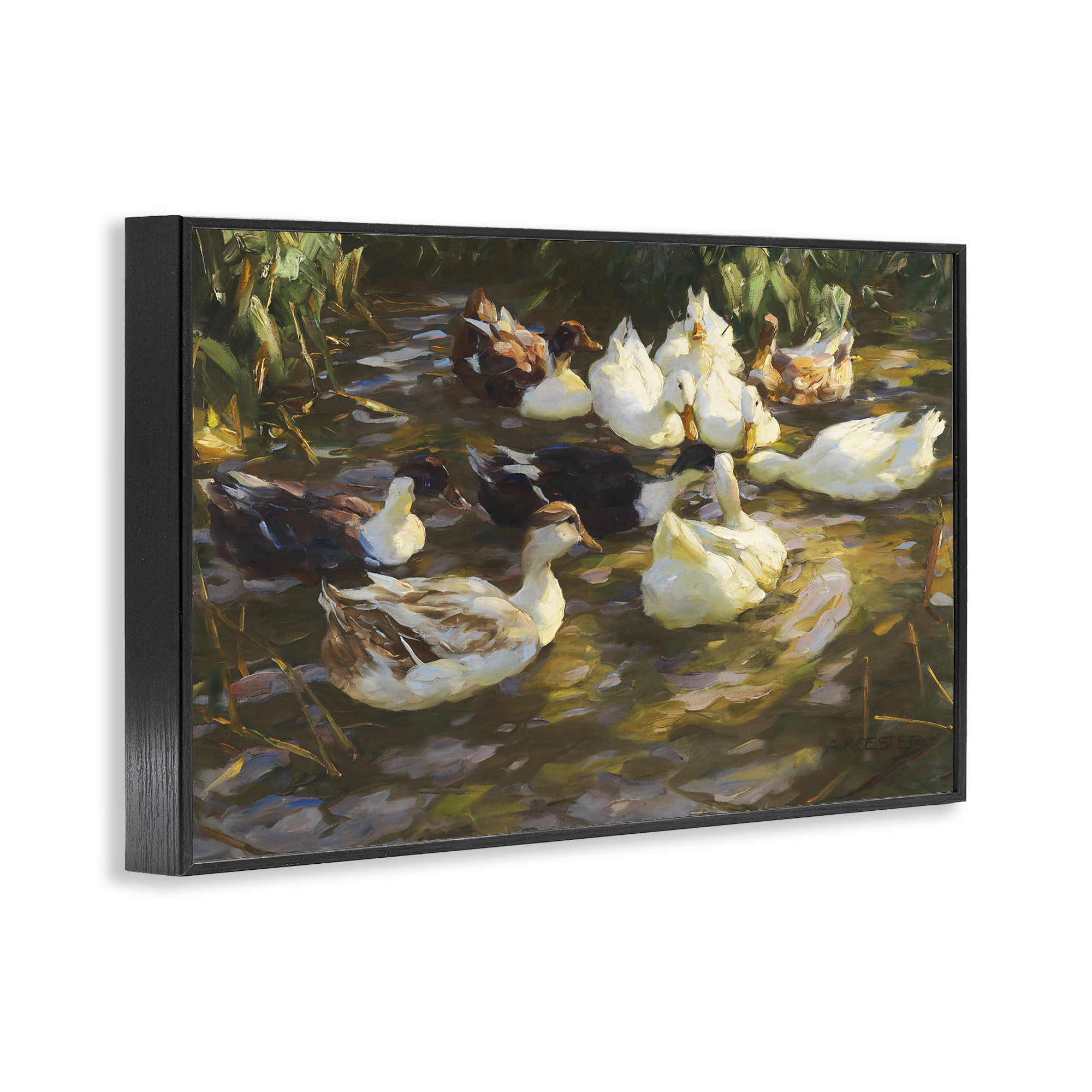 Stupell Industries Ducks in Flowing River Landscape Painting Black Framed Art Print Wall Art, 24 x 16