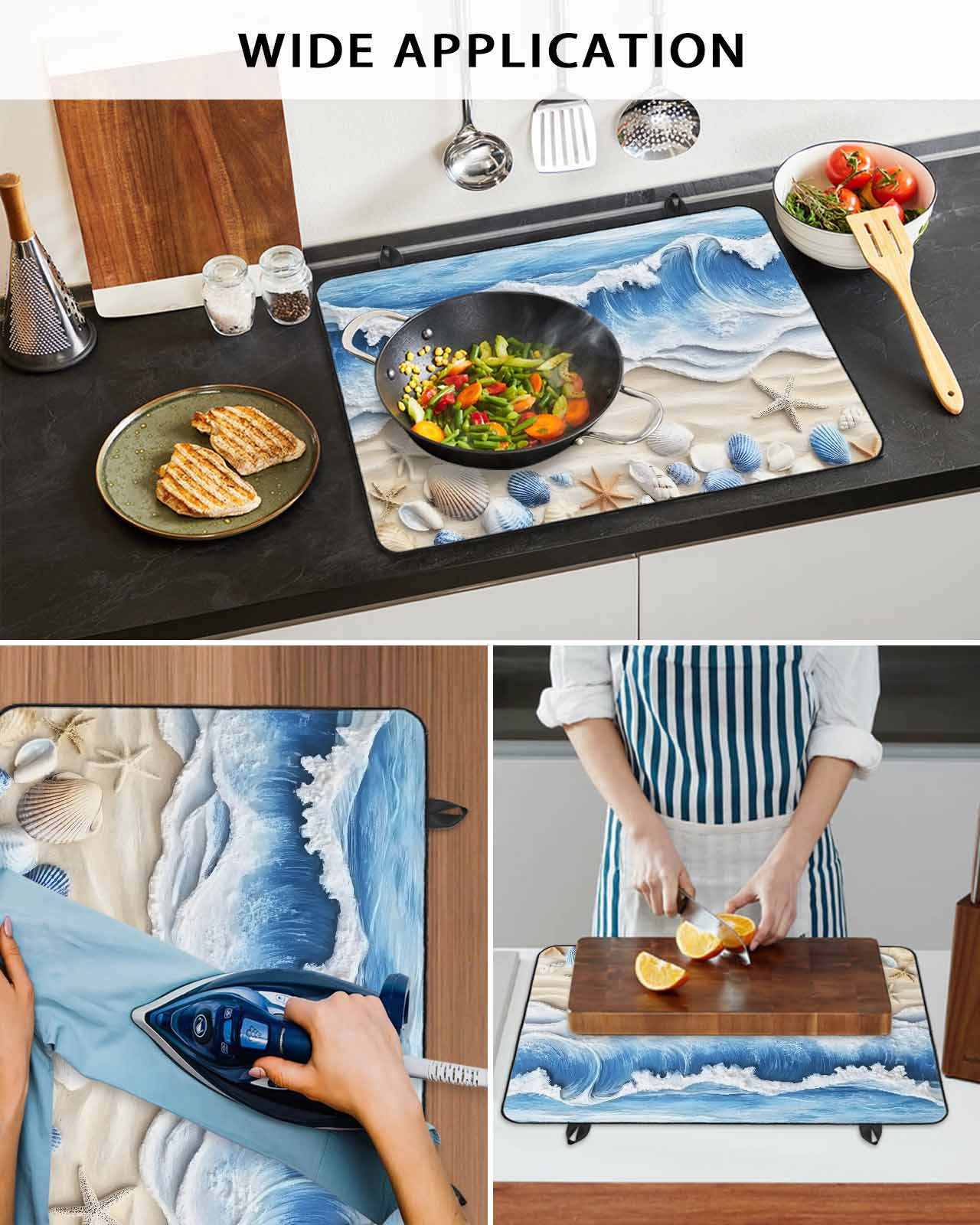 nqOlkjepod Large Induction Cooktop Protector Mat 36"x21", Coastal Blue Stove Top Covers for Electric Stove, Starfish Beach Ocean Shell Sand Painting Stove Burner Cover Mats, Glass Top Stove Cover