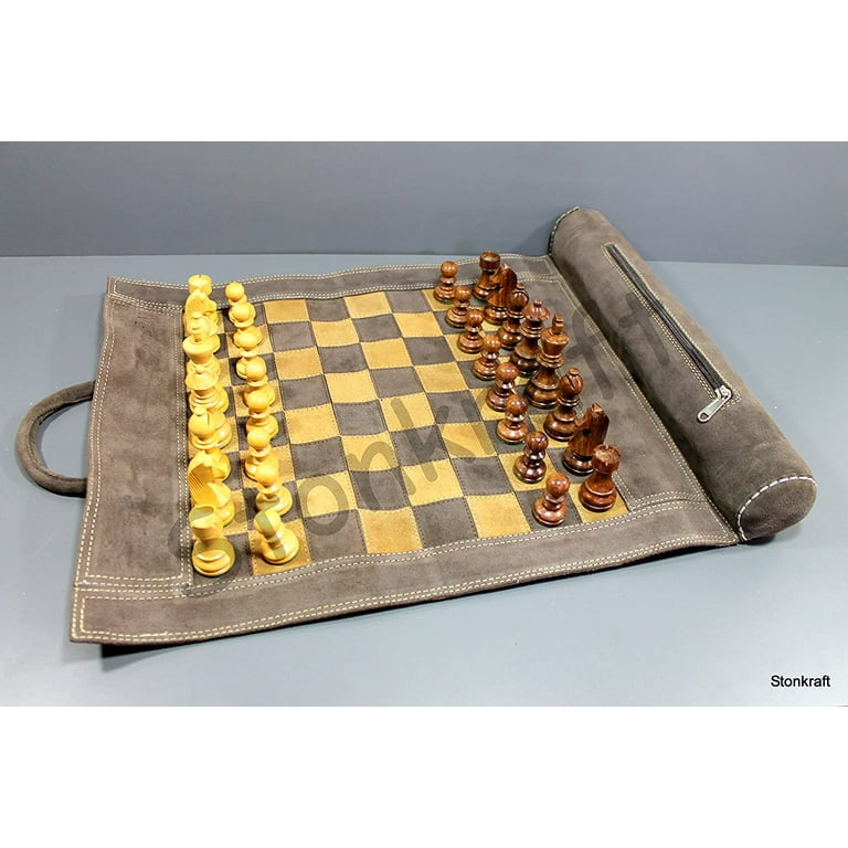 Stonkraft 19 x 19 Genuine Leather Roll-Up Tournament Chess Set - with  Wooden Chess Pieces - Dark Tan Color - StonKraft