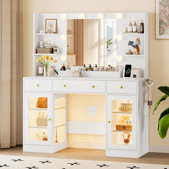 Fanral 47" Large Makeup Vanity Desk With Mirror And Lights,Vanity With Rgb Cabinets & Charging Station & Hair Dryer Rack,White Vanity
