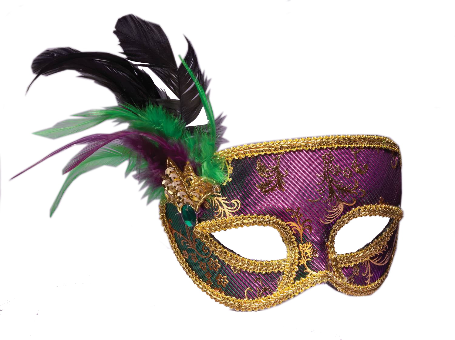Venetian Style Purple & Green Mardi Gras Feather Stick Mask