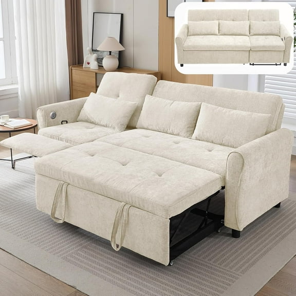 LUCKHAO 2 in 1 Convertible Sofa Bed with Reversible Recliner, 3-Seater Sleeper Couch with Pull Out Bed & Adjustable Backrest for Living Room, Chenille, Dual USB Charging Ports