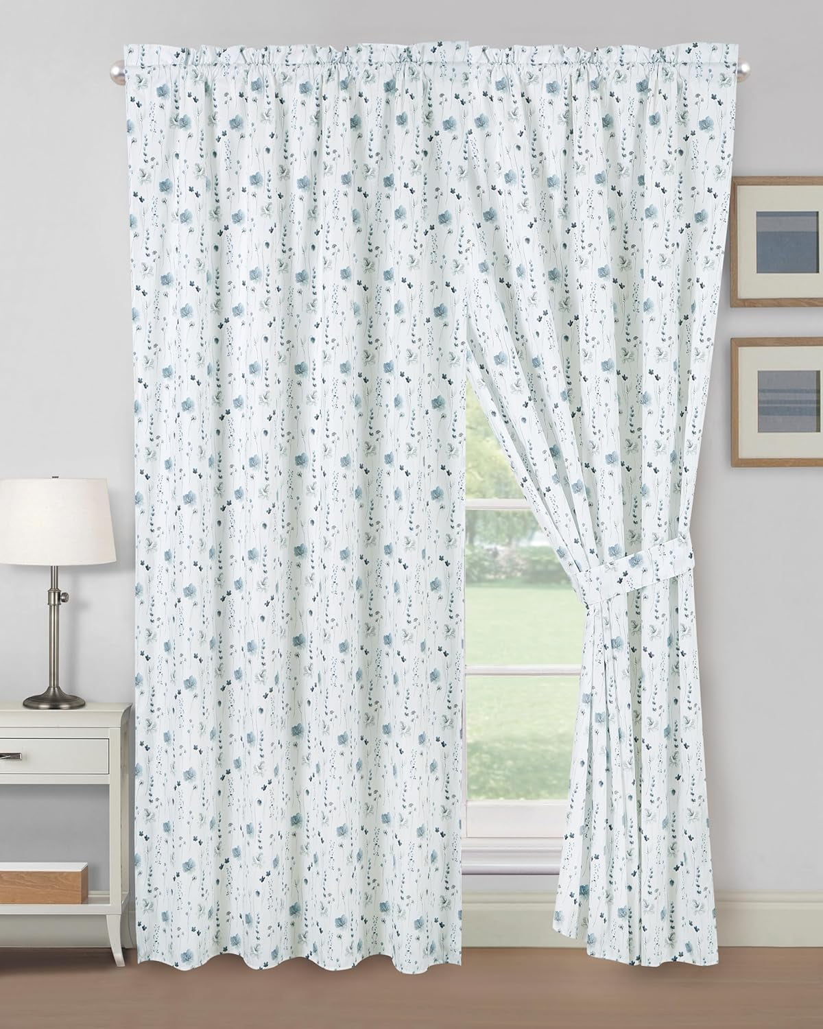 Chezmoi Collection 4-Piece Floral Window Curtain Set with Sheer Backing, Blue White Poppy Floral Printed Microfiber, 120 inch x 84 inch