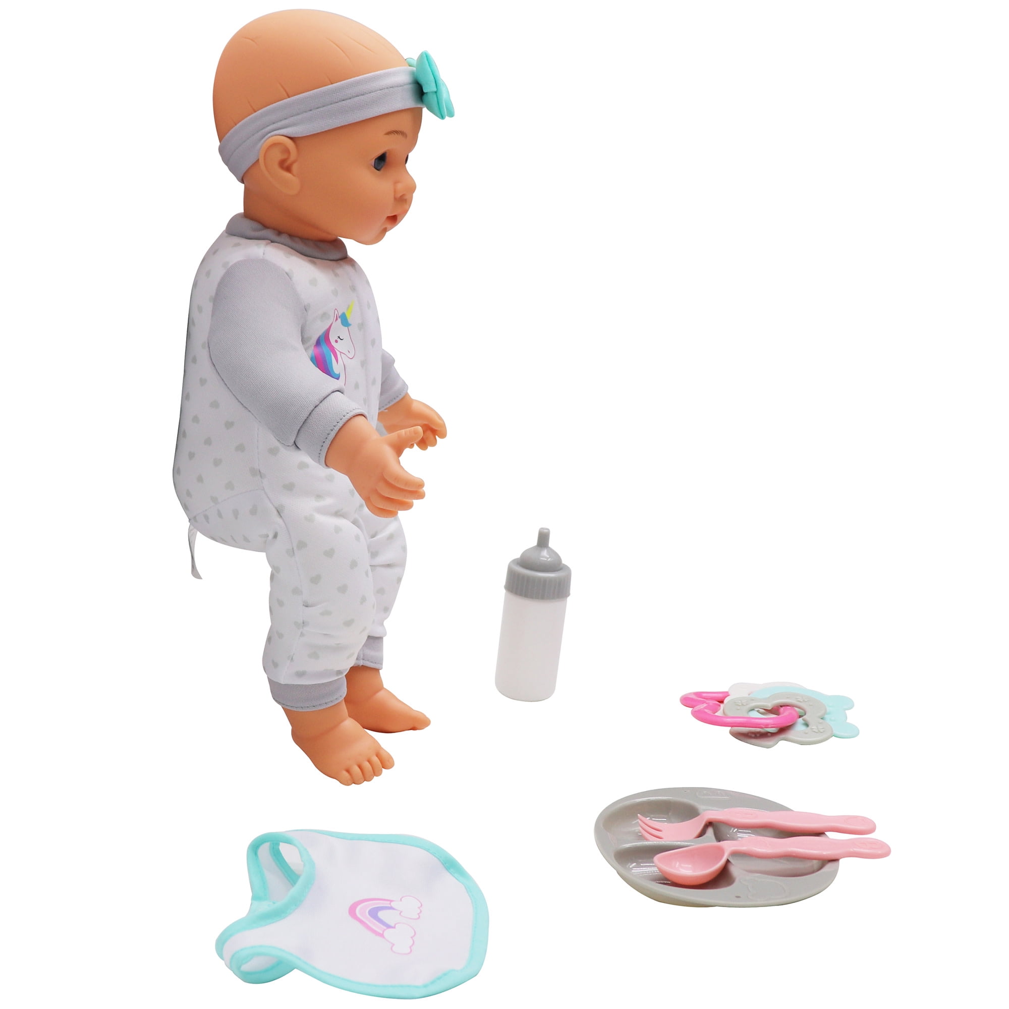 Dream Collection: 14" Baby Doll Feeding Playset - Gray Heart & Unicorn Onesie, Rainbow & Blue Bib, Bottle-Bowl-Rattle Toy Accessories, Kid-Toddlers 2+