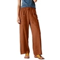 thumbnail image 4 of Women's Cotton Linen Wide Leg Casual Pants Drawstring Elastic Waist Loose Fit Trousers with Pockets for Daily Travel Lounge Wear Saffron 2XL, 4 of 4