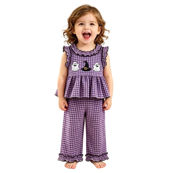 JAJAHO Toddler Baby Girl Halloween Clothes Sleeveless Ruffle Ghost Embroidery Plaid Tops Pants 2 Piece Set 6M-4Y
