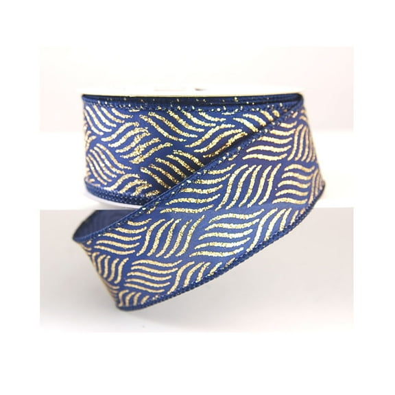 Wired Branice Navy Blue and Gold Glitter Swirl Christmas Ribbon 1 1/2" - 25 Yards