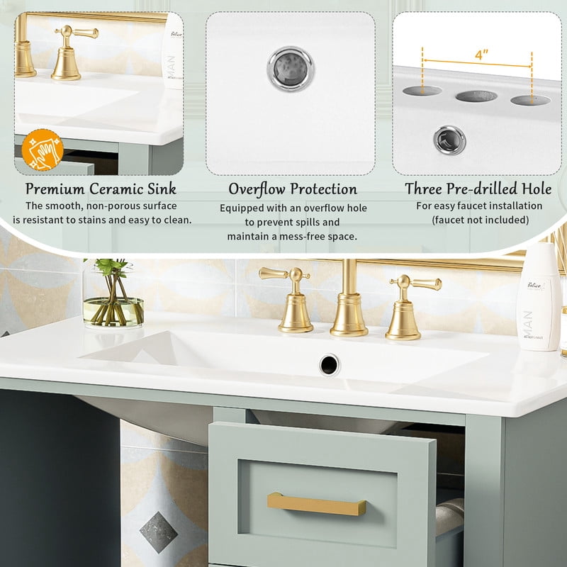 Bellemave 30" Bathroom Vanity with Sink, Cabinet with Sink Combo Set with Top, Bathroom Storage Cabinet with 3 Drawers and 1 Soft Closing Door, 30 Inch Vanity with Sink for Bathroom（Cyan）
