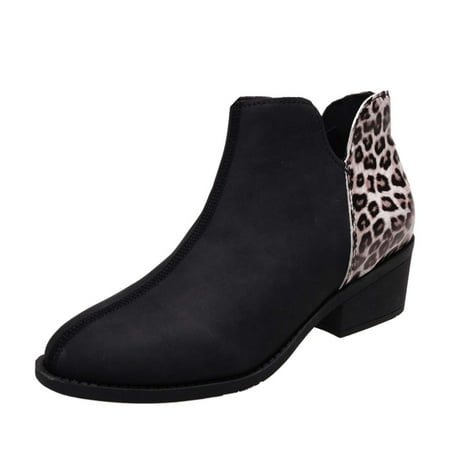 

Ankle Boots for Womens Fashion Patchwork Leopard Print Side Zipper Chunky Heel Short Boot Slip On Combat Boots