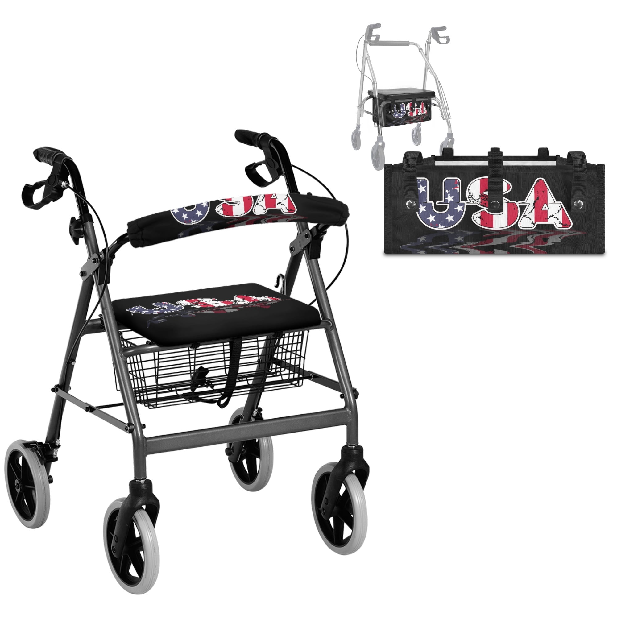 Chririnla 3 Pieces Set Rollator Seat and Back Rest Covers with Under Seat Pouch Dustproof Walker Seat and Backrest Covers with Storage Bag for Assisted Living, Patriotic Star Letter U
