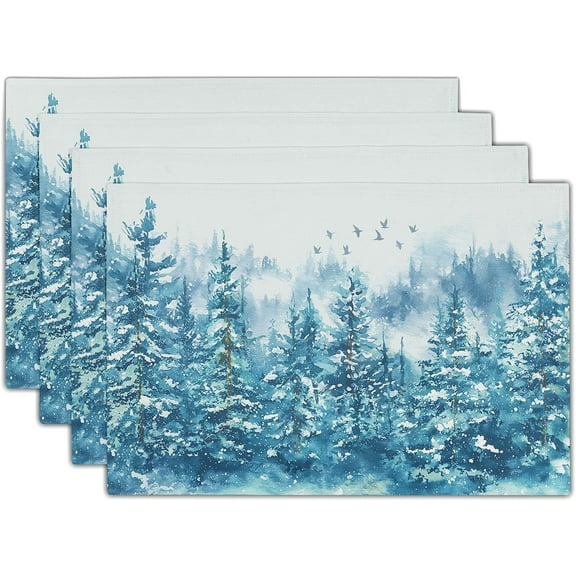 Blue Christmas Placemats Set of 4 Teal Winter Watercolor Tree Snow Theme Place Mats 12x18 Inch Xmas Holiday Washable Table Mats for Home Party Kitchen Dining