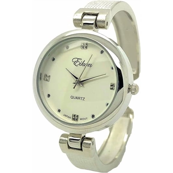 Ladies Round Mesh Look Elegant Metal Bangle Cuff Fashion Watch Eikon (Silver)