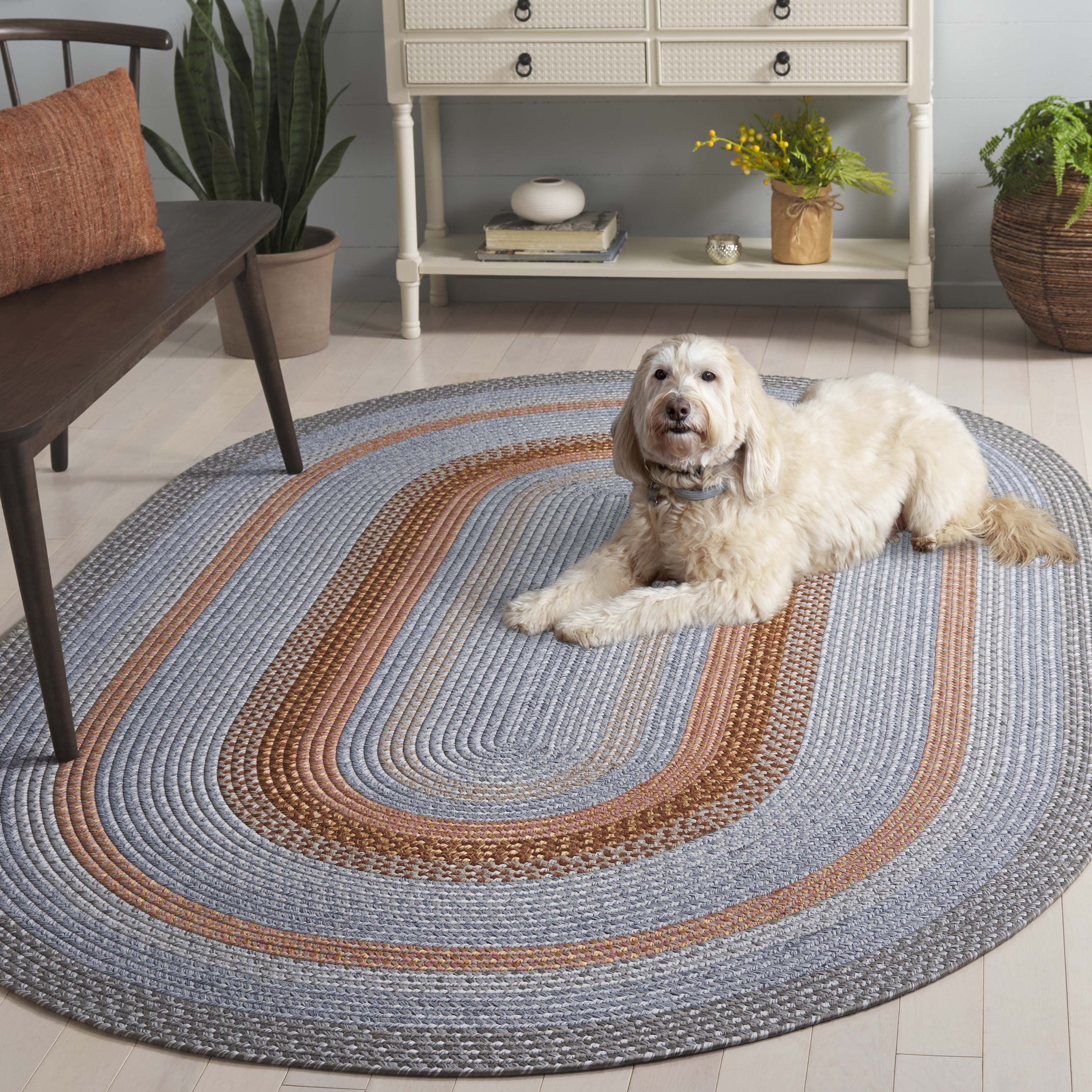 SAFAVIEH Braided Marco Bordered Machine Washable Reversible Area Rug, Grey/Rust, 3' x 5' Oval