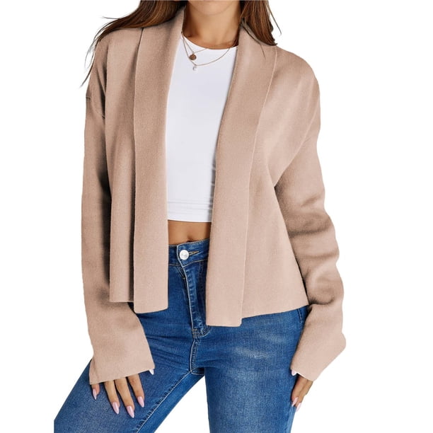 Cárdigan Corto para Mujer con Chal Abierto Al Frente, Chaqueta de Suéter de Larga de Moda de Otoño 2025 Caqui Oscuro S