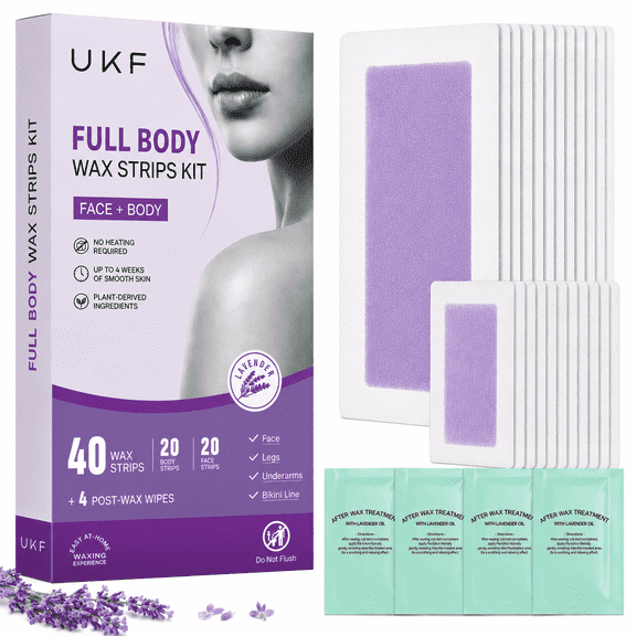 UKF Full Body Wax Strips Kit for Hair Removal, 40 Count Face & Body Waxing Strips with 4 Post-Wax Wipes, At-Home No-Heat Wax Strips for Legs, Arms, Underarms, Bikini Line & Upper Lip, Lavender