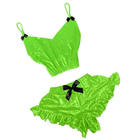 

DNDKILG Velvet Plus Size Pj Set Pajamas Set for Women Sexy Cami Crop Top and Shorts Sets Bow Nightwear Loungewear Two-Piece Sleepwear Green 3XL