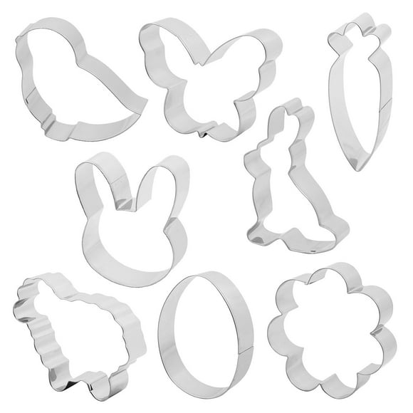 Fesfesfes Easter Cutter Set 8 Piece Steel Moulds Press Moulds Cute Easter Themed Cutter includes Bunny, Eggs, Chick, Flower, and Carrot Cutters Molds for Easter Spring DecorationsSilver