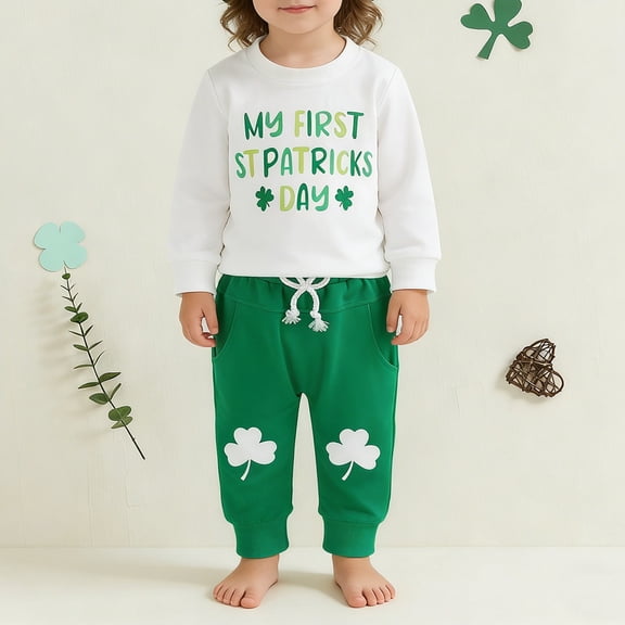 CPNG Baby Toddler My First St. Patrick’s Day 2-Piece Outfit Set - Long-Sleeve Graphic Sweatshirt   Shamrock Jogger Pants - Soft Comfy Kids’ Clothing for First St. Patrick’s Day Celebrations