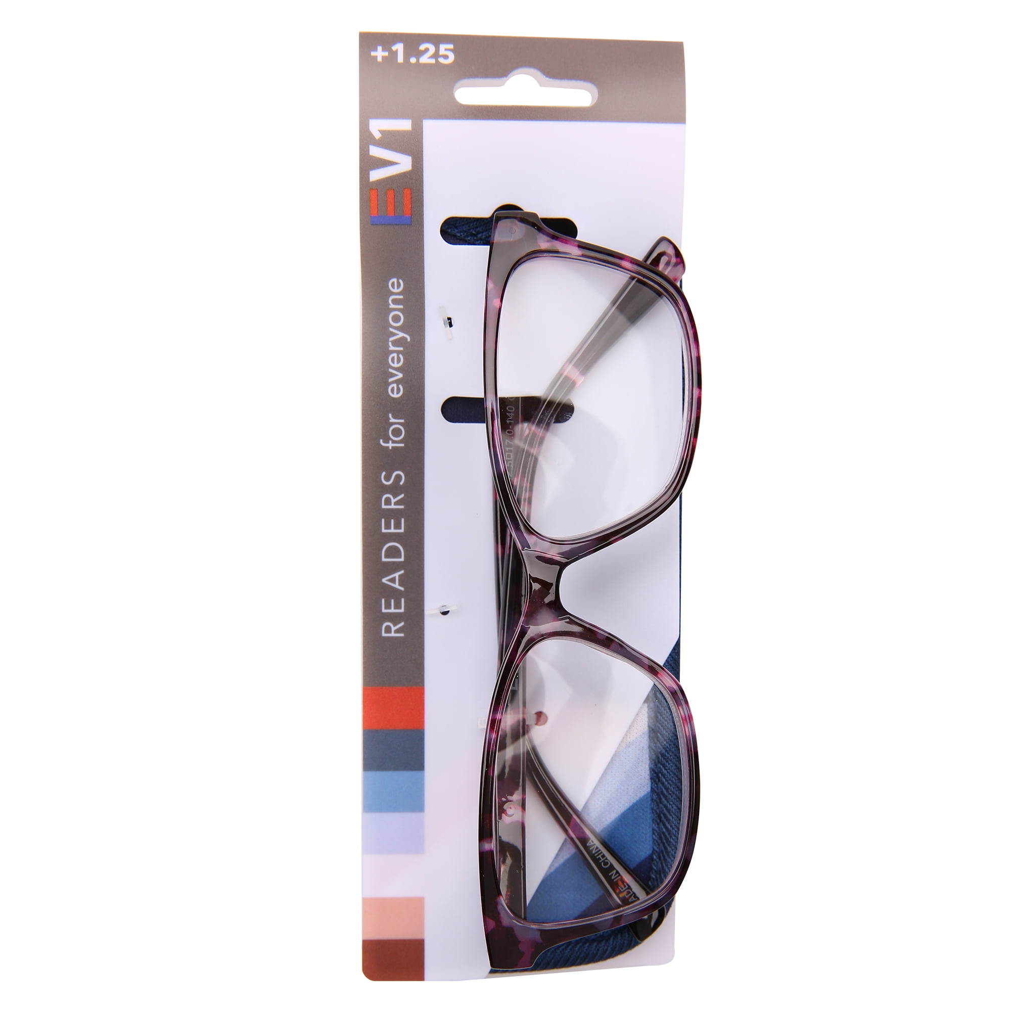 EV1 Purple Pink Tortoise Reading Glasses with Case, 1.25 Power