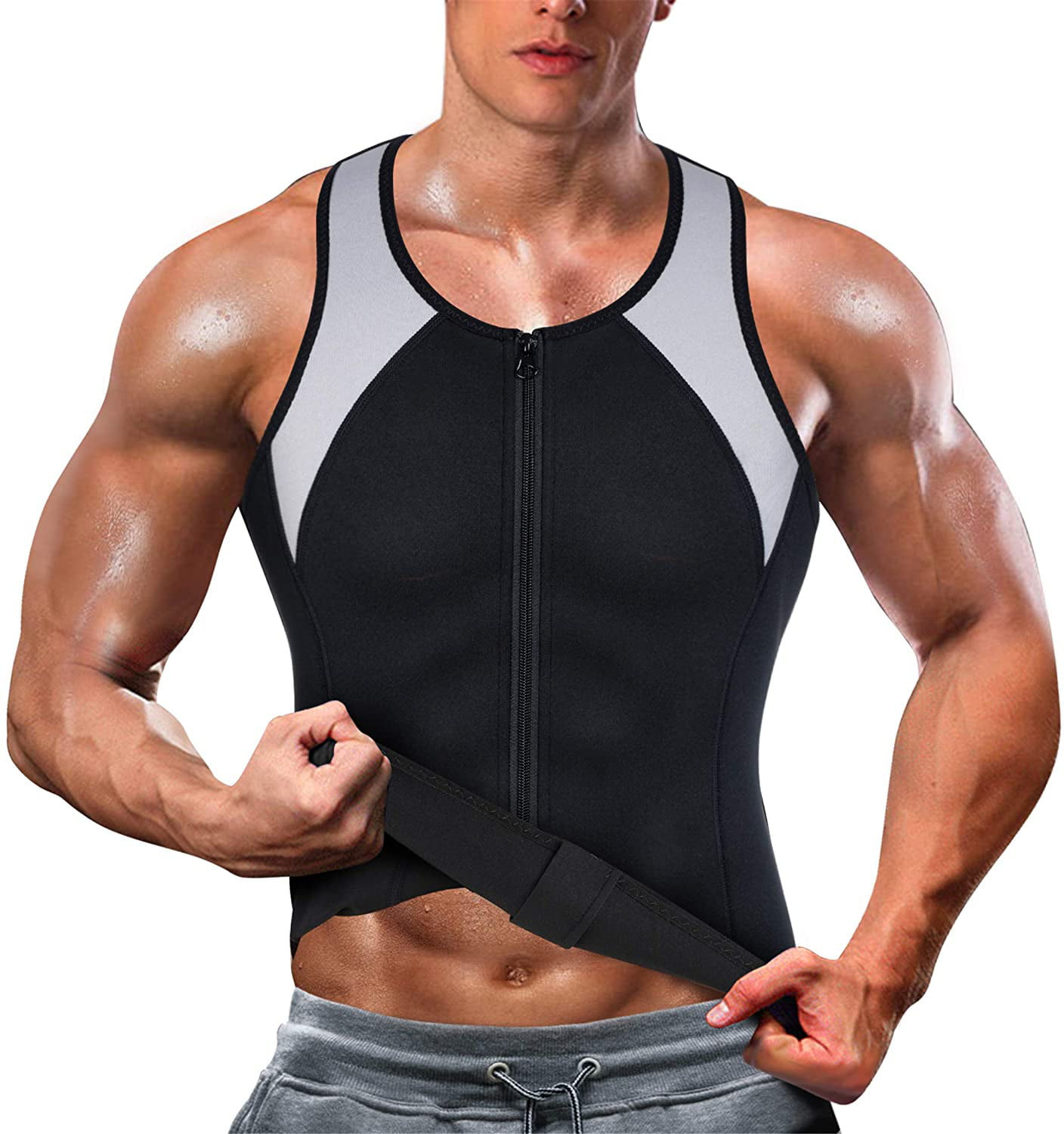 Men Sauna Sweat Sport Vest Black Zipper Slimming Body Shaper Fat Burner Tnak Top 