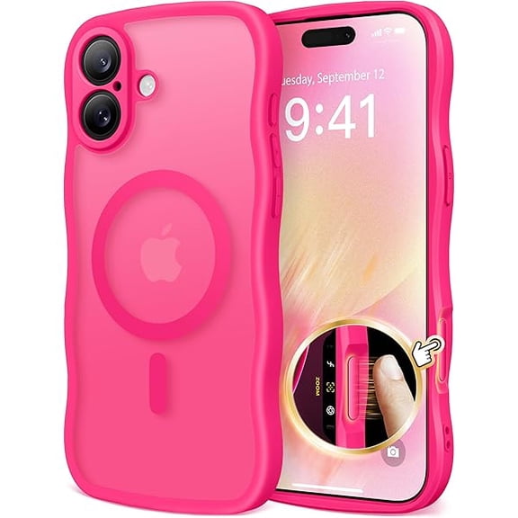 Eryueer for iPhone 16 Case for Women Girls, Upgraded [Full Camera Protection] [Compatible with MagSafe] Cute Wave Translucent Matte Phone Case for iPhone 16, Hot Pink
