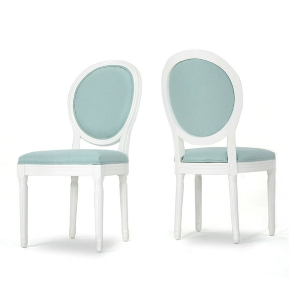 GDF Studio Newman French Country Upholstered Dining Chairs, Set of 2, Light Blue Fabric and Glossy White