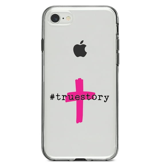 DistinctInk Clear Shockproof Hybrid Case for iPhone 7 8 SE (2020 Model) 4.7" Screen TPU Bumper Acrylic Back Tempered Glass Screen Protector - #truestory - Cross - Christian - Hot Pink