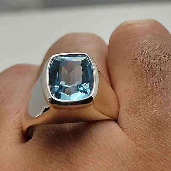 925 Sterling Silver, Natural Aquamarine Gemstone Ring, Decent Signature Men Ring