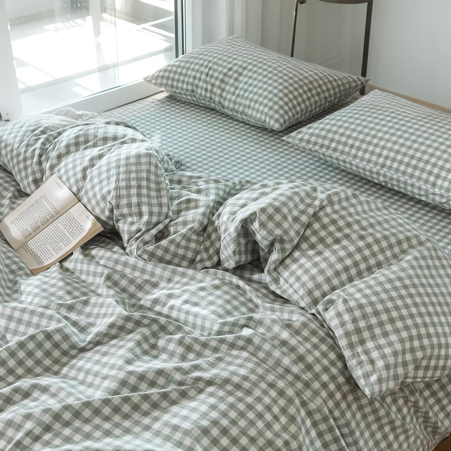 NAYOROOM 100% Organic Cotton Gingham Duvet Cover Twin Set, 2-Piece Linen Like Textured Breathable Soft Bedding Cover（Sage Green Gingham）