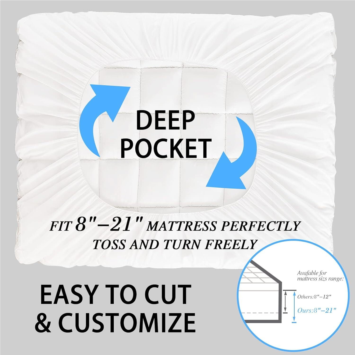 Teler Mattress Topper King Size for Back Pain, 400TC Extra Thick Mattress Pad Pillow Top, Quilted Fitted Mattress Protector Cover with 8-21" Deep Elastic Pocket, Soft & Breathable, White
