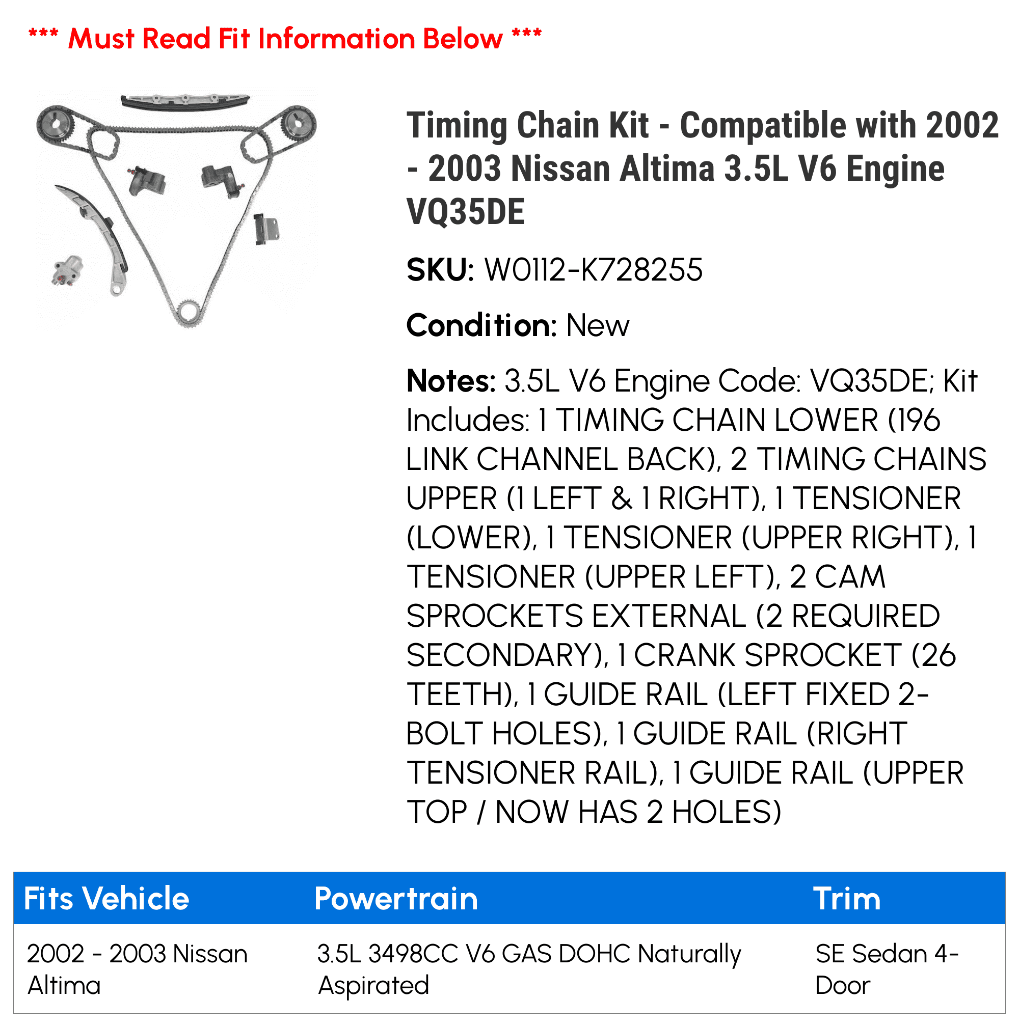Timing Chain Kit Compatible with 2002 2003 Nissan Altima 3.5L