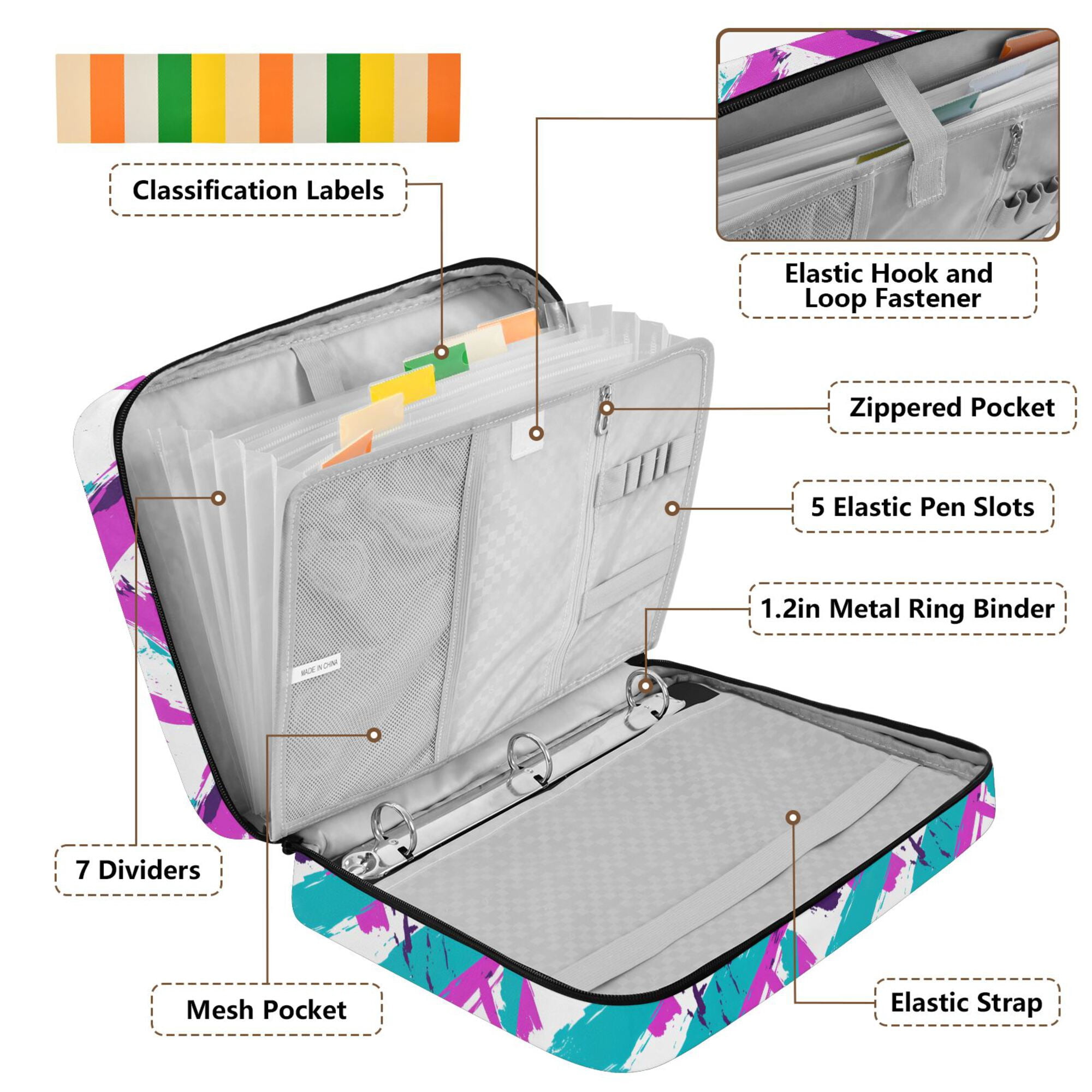 FORMRS Accordion File Folder A4 Size 7-Pocket Expanding Document Organizer Bag with 3 Ring Binder, Abstract Drawing