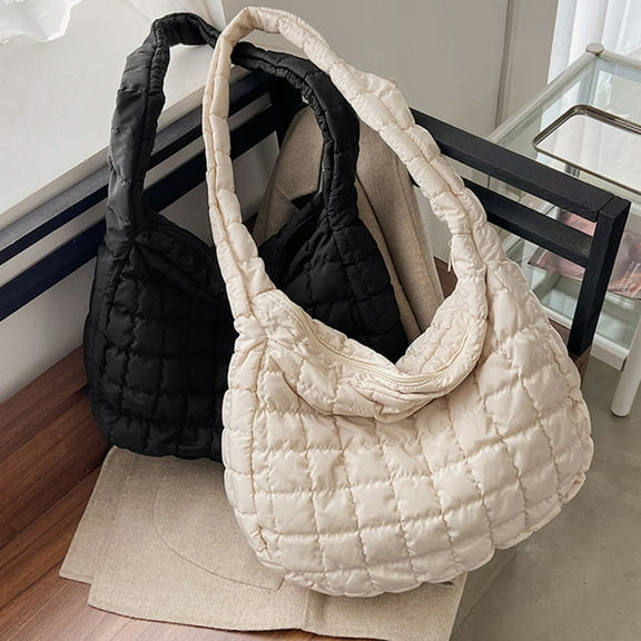 Large Capacity Nylon Crossbody Bag | Women's Trendy Handbag | 14.17"x13"x4.33" | Durable Wear-Resistant Material | White/Black | Versatile Shoulder Tote | Reinforced Seams | Lightweight Everyday