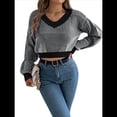 thumbnail image 3 of Suéter Corto de Mujer con Cuello en V y Larga, Jersey de Punto Negro L, 3 of 10