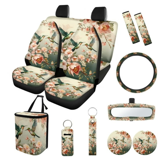Jeiento Hummingbird 13 PCS Car Accessories Sets with Car Seat Covers Steering Wheel Cover Seatbelt Pads Trash Bin Auto Rear View Mirror Covers Coasters Floral Keychain Lipstick Holder for SUV Sedan
