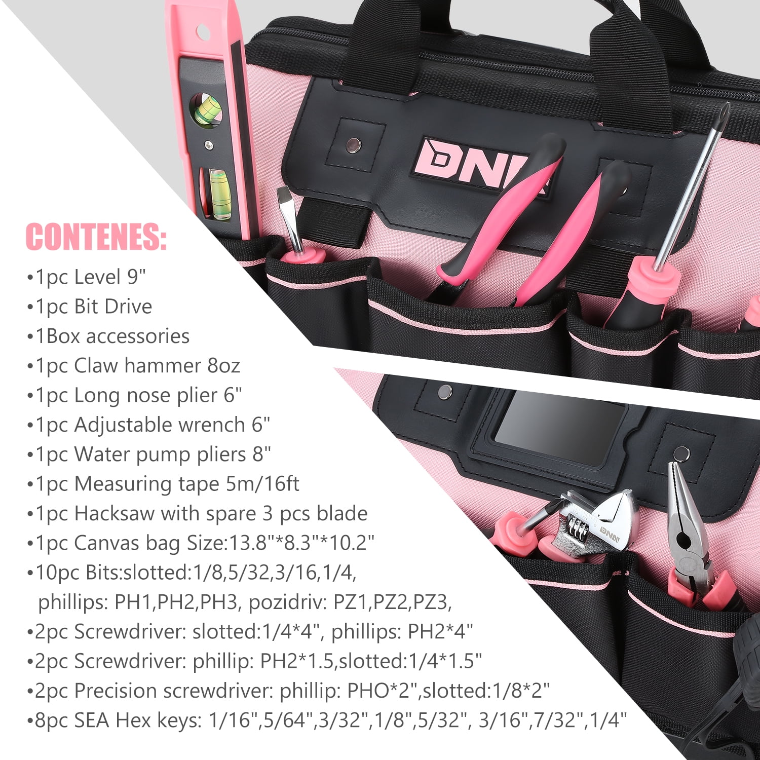 DNA Motoring TOOLS-00206 Pink 37 PCs Portable Tool Kit Household General Repair Water Pump Pliers Hacksaw Set Hand Tool Canvas Bag