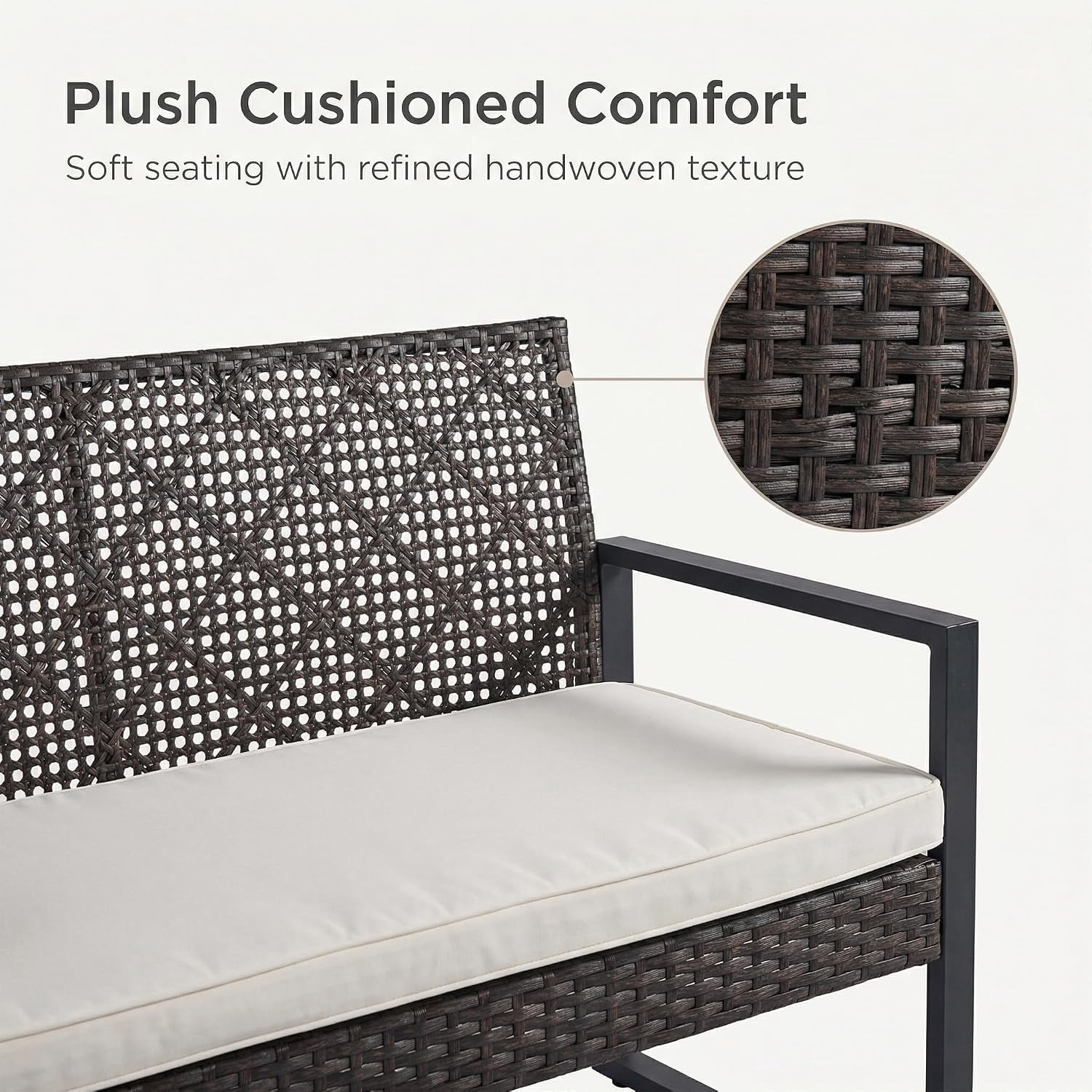 4-Piece Outdoor Patio Furniture Set, Acacia Wood Table Top, Brown Rattan with Beige Cushions