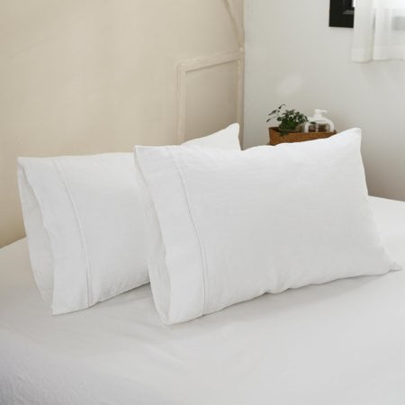 King Linens 100% French Linen Pillowcases With Embroidery - Pack Of 2 - Washed Solid Color Natural Flax Soft Breathable - White 20'' X 30''