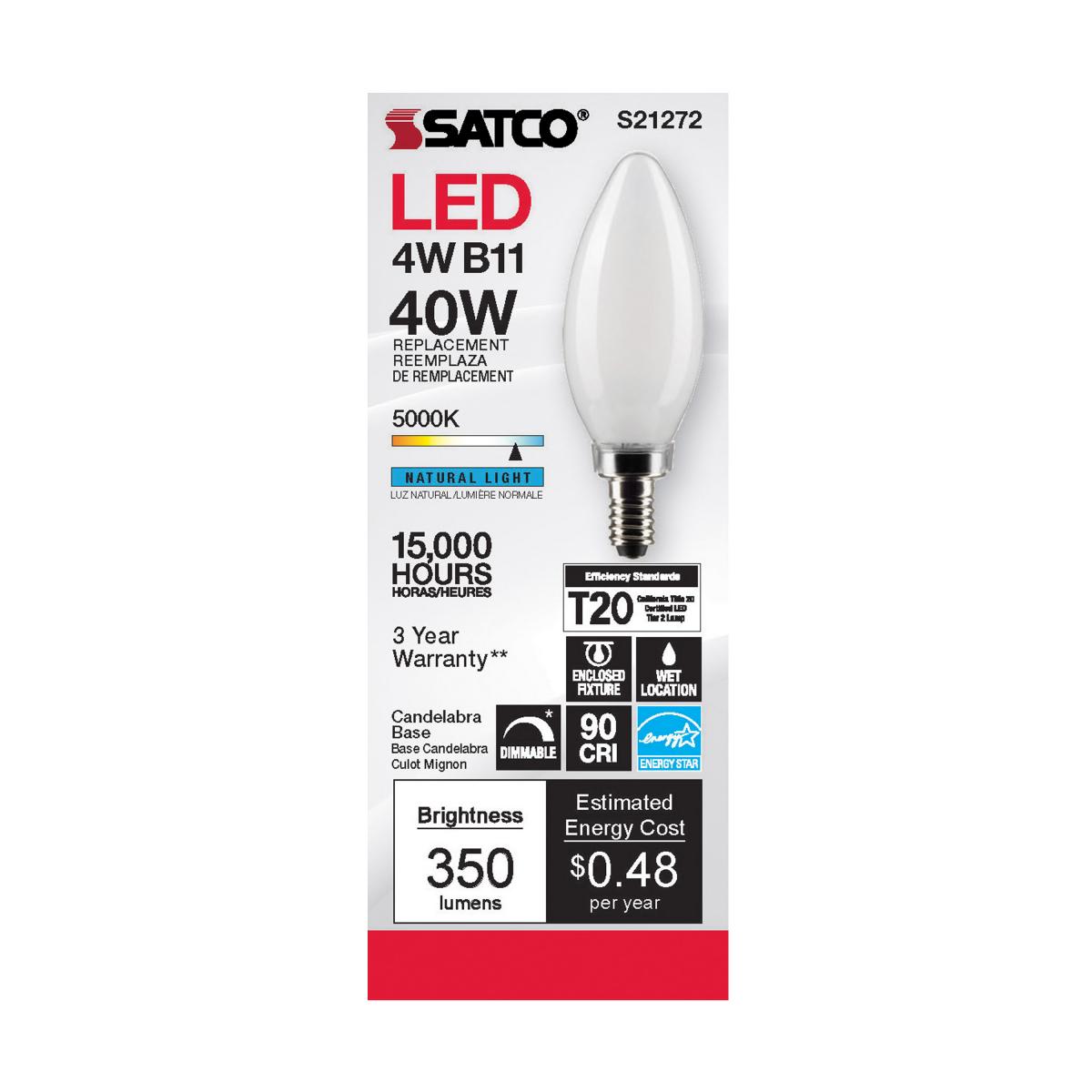 Satco S21272 Frosted LED B11 Light Bulbs 4W 120V 5000K E12 Candelabra Base Dimmable (6 Pack)