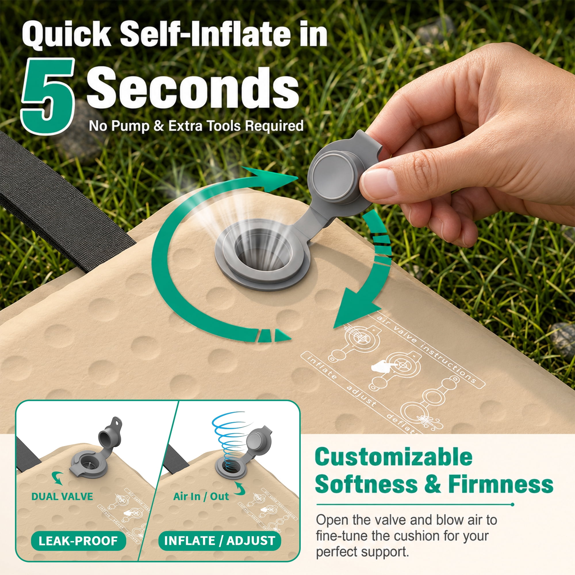 BNISE Inflatable Seat Cushion, 2 Inch Portable Self Inflating Memory Foam Seat Pad, Ultralight for Airplane, Stadium Bleachers, Camping and Office
