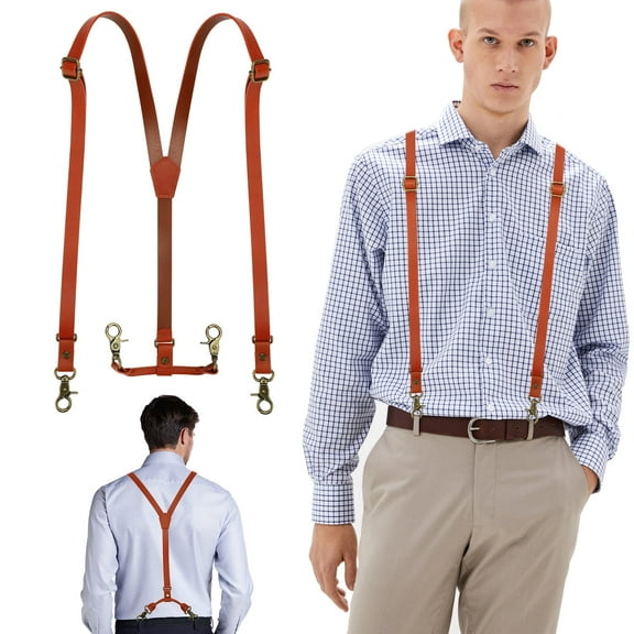 Leather Suspender for Men, Adjustable Y-Shaped Back Suspender with 4 Snap Hooks, Men's Shirt Braces Trousers Suspender, Heavy Duty Belt Hook Suspender for Wedding, Brown