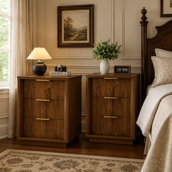 WUSCASANightstands Set of 2, 3 Drawer Bedside Tables with Gold Handles & Wood Grain Finish for Bedroom