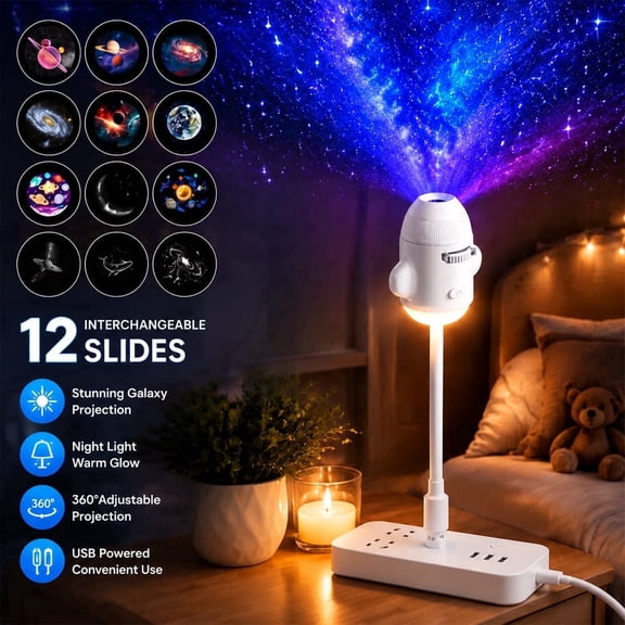 SH-RuiDu Galaxy Projector Night Light with 12 Films , USB Star Projector for Bedroom Car Decor, 360° Rotating Design, Dimmable Ceiling Starry Light for Kids Adults Holiday Gift