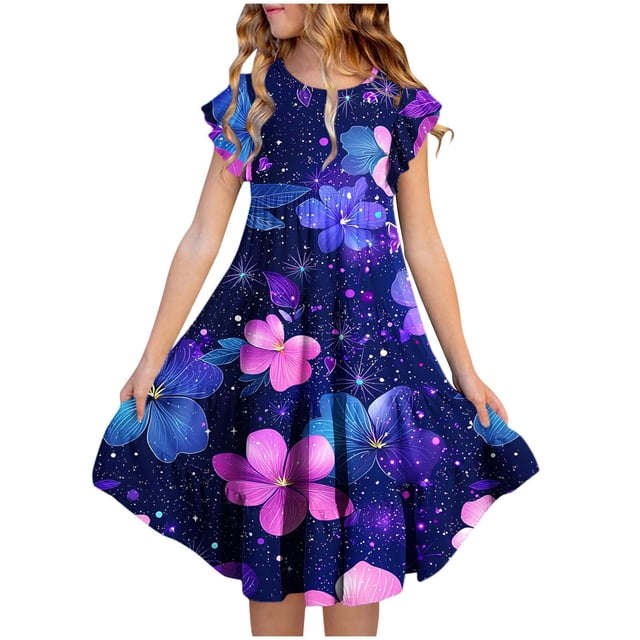 EGNMCR Robe à Manches Courtes à Col Rond Robe d'Été pour Filles à Imprimé Floral Manches Courtes à Volants avec Poches Robe à Col Rond Imprimée pour Enfants Fille Robe en Polyester