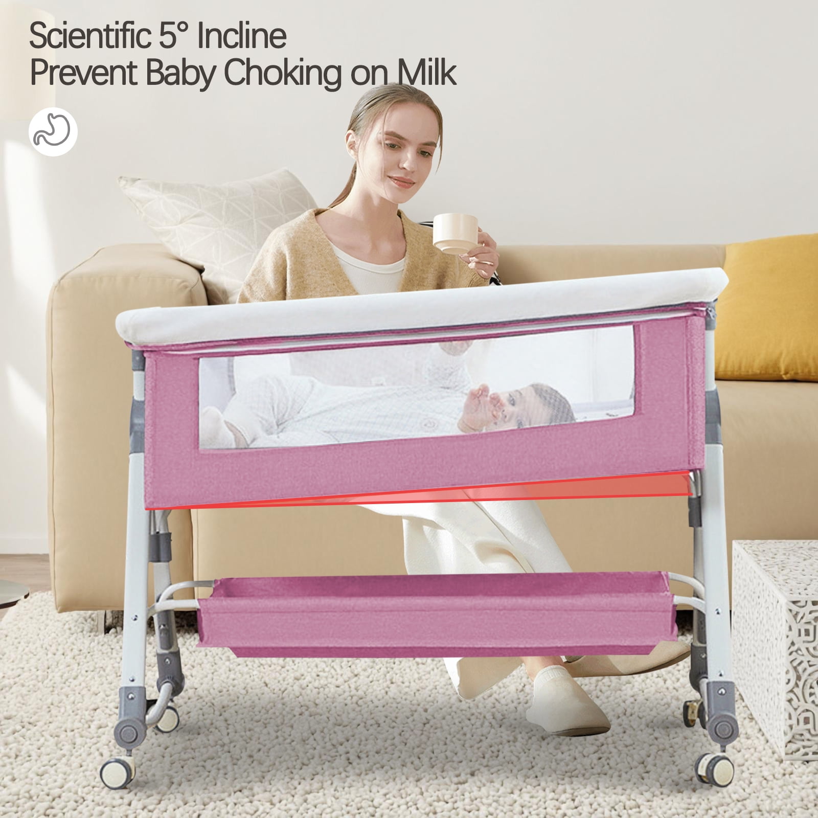 LUOLUO Baby Bassinet with Wheels & Changing Table,  5-in-1 Infant Bedside Crib for 0-24 Months,Adjustable Height, Breathable Mesh & Mattress, Pink